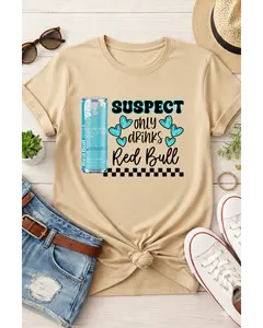 Suspect Only Drinks Red Bull T-Shirt - Casual Comfort with Playful Graphic & Knotted Front for Modern Look