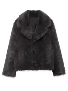 Women's Winter Warm Reversible Faux Fur Jacket, Long Sleeve Single Button Closure, Front Pocket, Casual Solid Color Outerwear