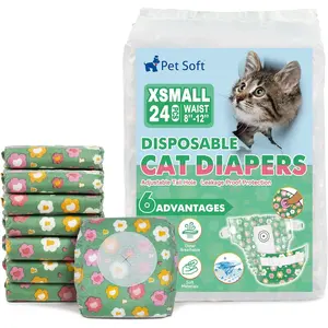 Pet Soft Disposable Cat Diapers for Female & Male Cats, Puppy Doggie Diapers for Female Dogs with Adjustable Foam Tail Hole, X-Small (24Pcs, Flowers)