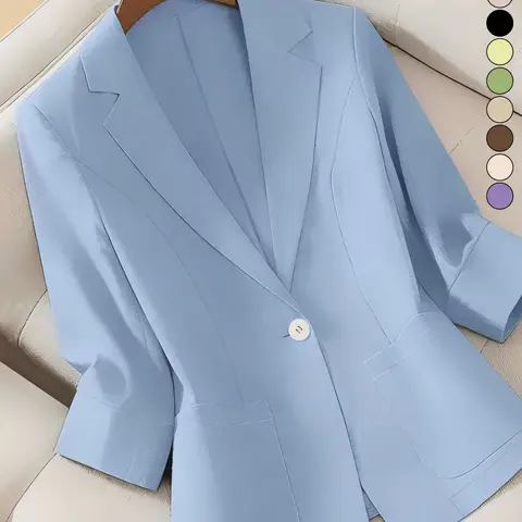 A women's pure color thin lightweight Fitted temperament high-end sense of seven-eighths sleeve Formal Business tailored Fashion Blazer suit jacket, suitable for spring and summer, Office Clothes, suitable for daily wear.
