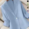 A women's pure color thin lightweight Fitted temperament high-end sense of seven-eighths sleeve Formal Business tailored Fashion Blazer suit jacket, suitable for spring and summer, Office Clothes, suitable for daily wear.