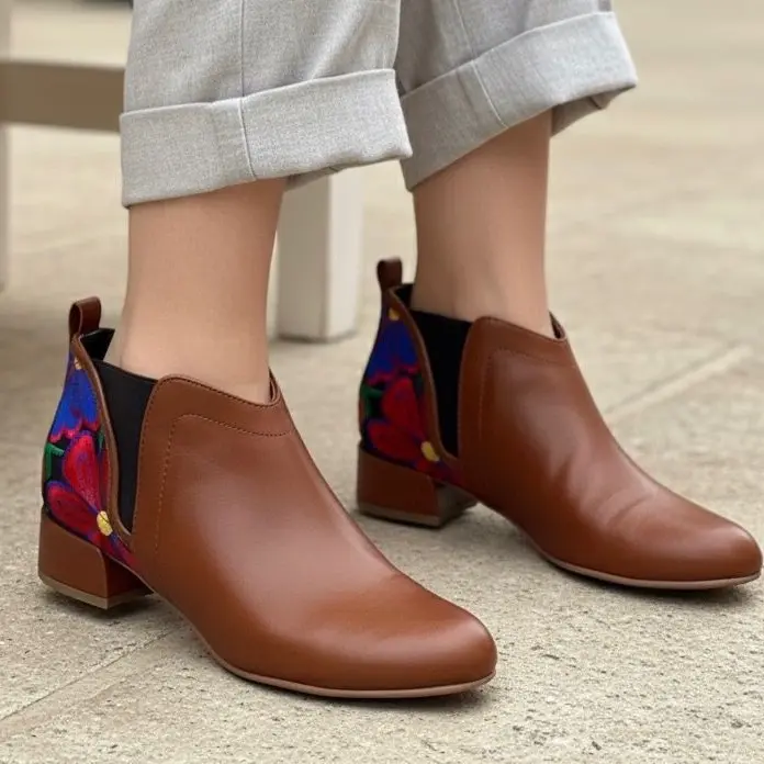 Bota baja bordada café  - Beautiful Embroidered Boot - Handmade in Mexico, Floral Design, Casual & Formal, Mexican boot  Women
