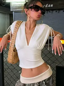 Casual Deep V-Neck Drawstring Slimming Classic T-shirt, Solid French Style Elegant Corset Top for Women, Summer Basic 90s Streetwear Elastic Tee Shirts