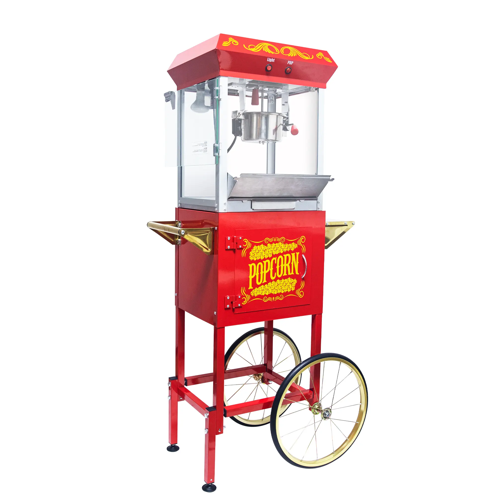 8 OZ Popcorn Cart Machine on Wheels, 650W Popcorn Maker for 32 Cups Popcorn Per Batch, 2-Switch Control Vintage Theater Popcorn Machine with Tempered Glass Doors & 1 Scoop 2 Spoons(Red)