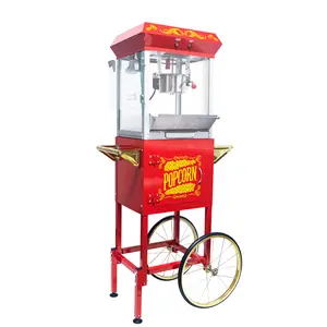 8 OZ Popcorn Cart Machine on Wheels, 650W Popcorn Maker for 32 Cups Popcorn Per Batch, 2-Switch Control Vintage Theater Popcorn Machine with Tempered Glass Doors & 1 Scoop 2 Spoons(Red)