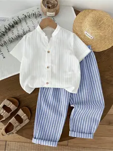 Boys 2-Piece Solid Color Woven Casual Shirt and Striped Pants Set, Ideal for Formal Occasions and Daily Wear, Stylish for Toddlers