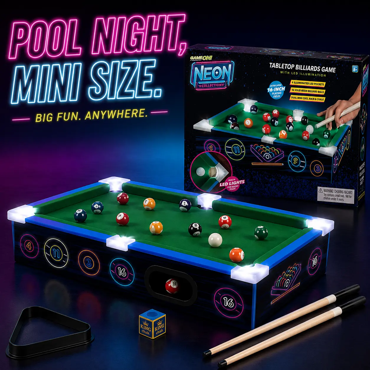 16-Inch Neon Tabletop Billiards Game with 6 LED Pockets, Mini Cues, 16 Resin Balls, Rack & Chalk. Compact. Size 16" L x  10.5" W x 3.5" H