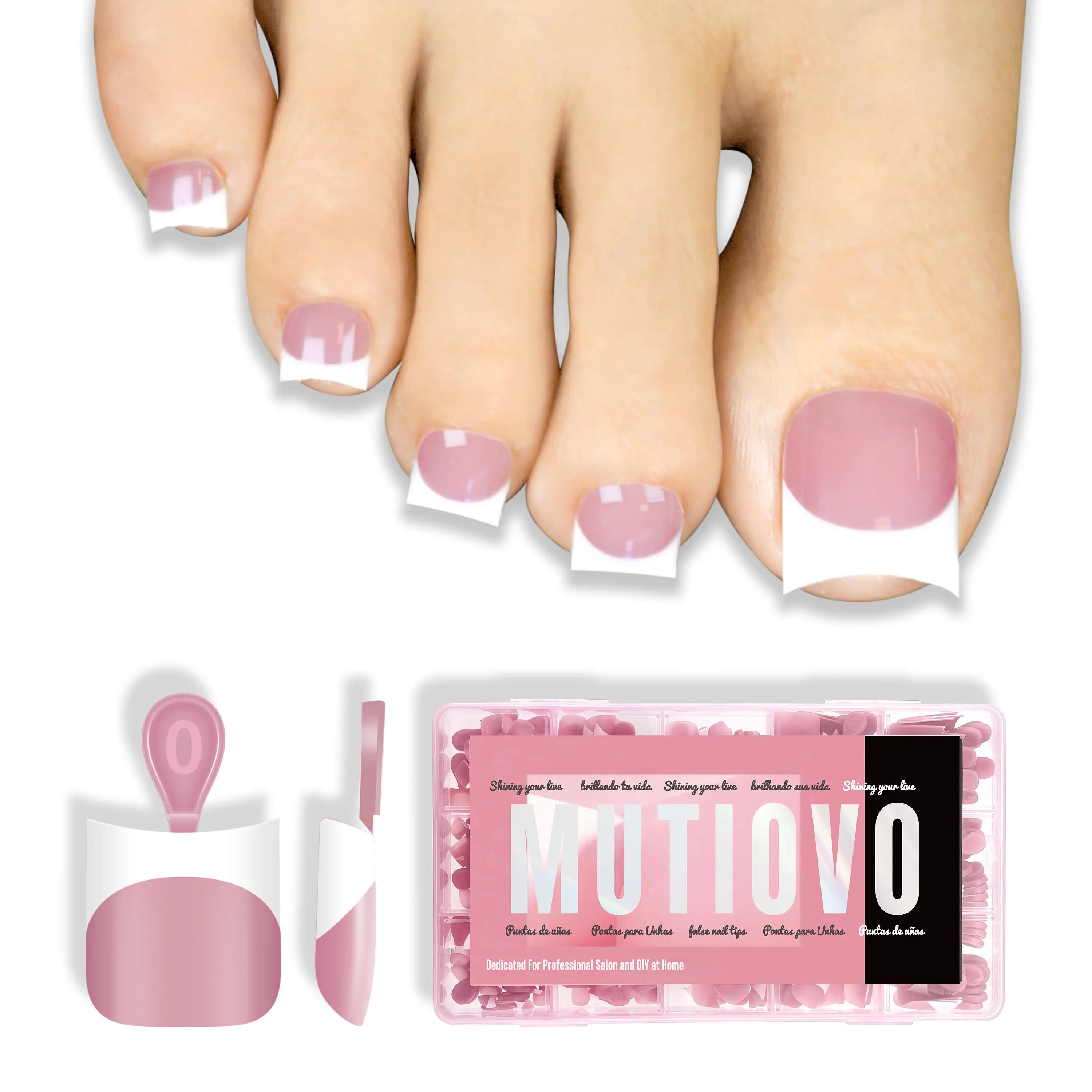 MUTIOVO Press on Toenails Kit, White French Tip Blush Pink Soft Gel False Nails with Moon Curve, Thick Sharp Square Short Toe Nail Tips, 15 Sizes 240 Pcs, Requires Builder Gel Top Coat (No Glue Included), Nail Press On Nails