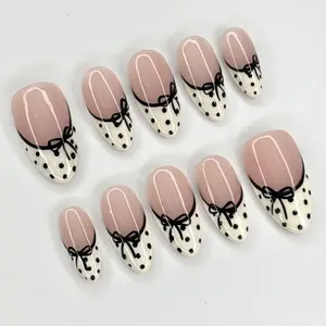 Polka Dot Bow Press on Nails, Cute Vintage Fake Nails, Handmade French Nail Set, Black White Retro Nails, Girly Aesthetic Press Ons