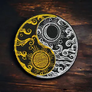 Celestial Yin Yang Patch - 3.86"x3.86" Boho-Chic Harmony Design for Jeans, Purses, Coats - Iron or Sew On - Hippie Style Applique Hand Embroidered