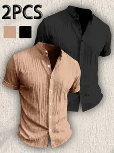 Men's Two-Piece Summer Fall Fashion Solid Short Sleeve Stand Collar Shirt, Breathable Comfortable Fabric Button-Up Top for Holidays Beach Parties