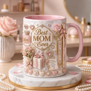 Personalized Rose Mom Mug, 2D Printed 3D Effect Pink Floral Coffee Cup with Jewel Graphics, Elegant Ceramic Mug for Mothers Grandmas and Stepmoms, Perfect Mother’s Day Appreciation Birthday Gift