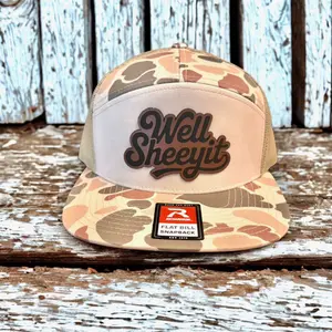Well Sheeyit Leather Patch 7 Panel Camo Hat with Flat Bill Snapback Design