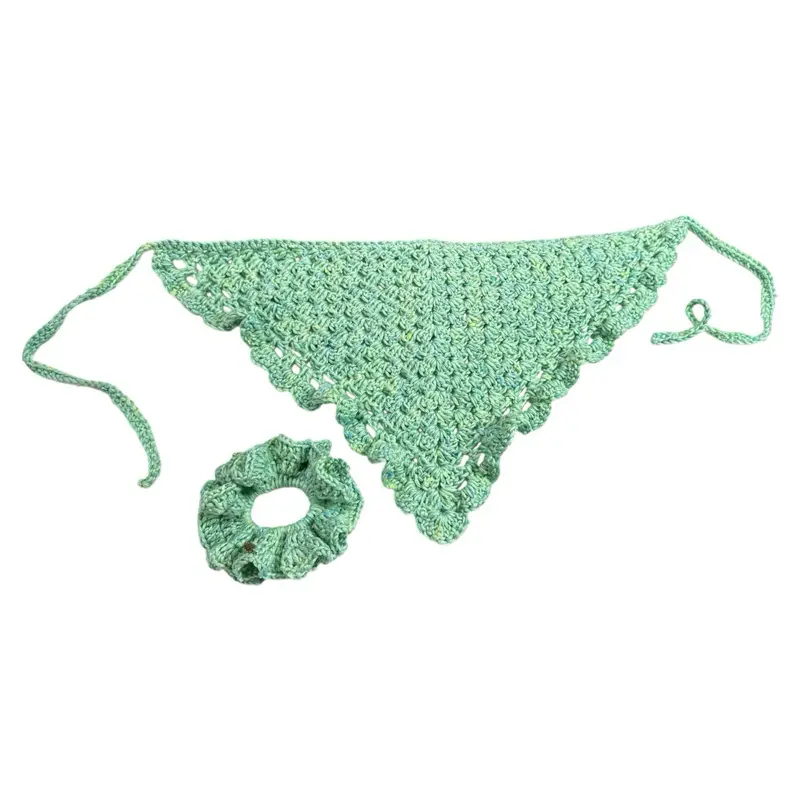 Set of Crochet Green  Bandana Adult Size  and Scrunchie - Handcrafted Soft Yarn, Lightweight Design, Adjustable Ties, Comfortable and Breathable Accessory