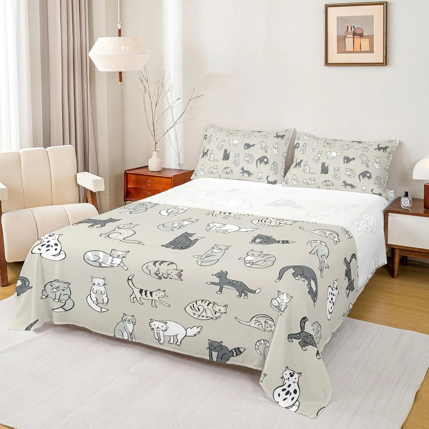 Cute Cats Sheet Set,Kids Kawaii Animals Bed Sheets Set,Girls Cat Pattern Bed Sheets for Boys Teens Sheets Soft Room Decor (1 Flat Sheet+1 Fitted Sheet )