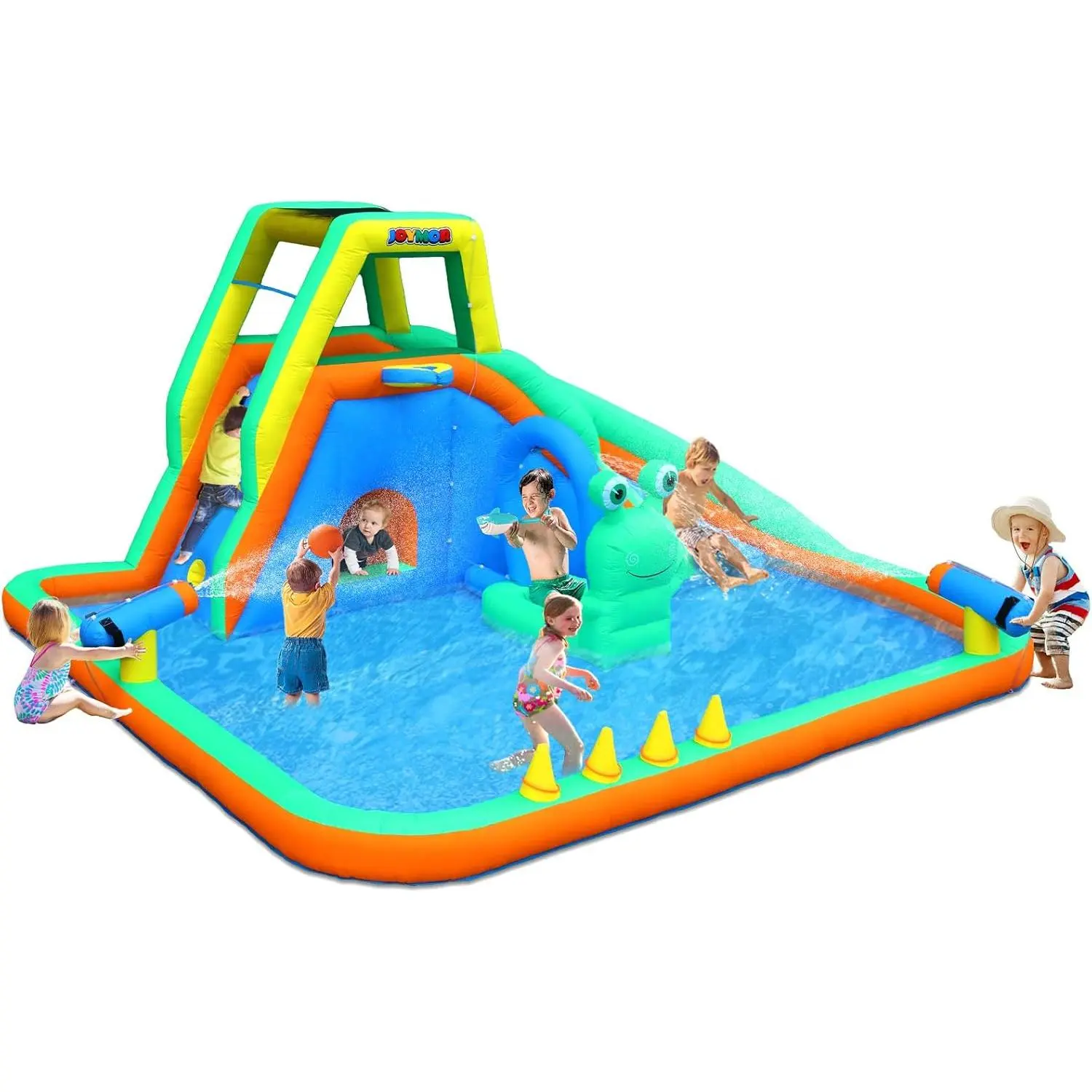 JOYMOR Frog Inflatable Water Slide Park for Kids, 8-in-1 Backyard Water Park with Frog Sprinkler, Climbing Wall, Basketball Hoop, Ring Toss, Tunnel & Water Cannon for Ages 3-8 Outdoor Backyard