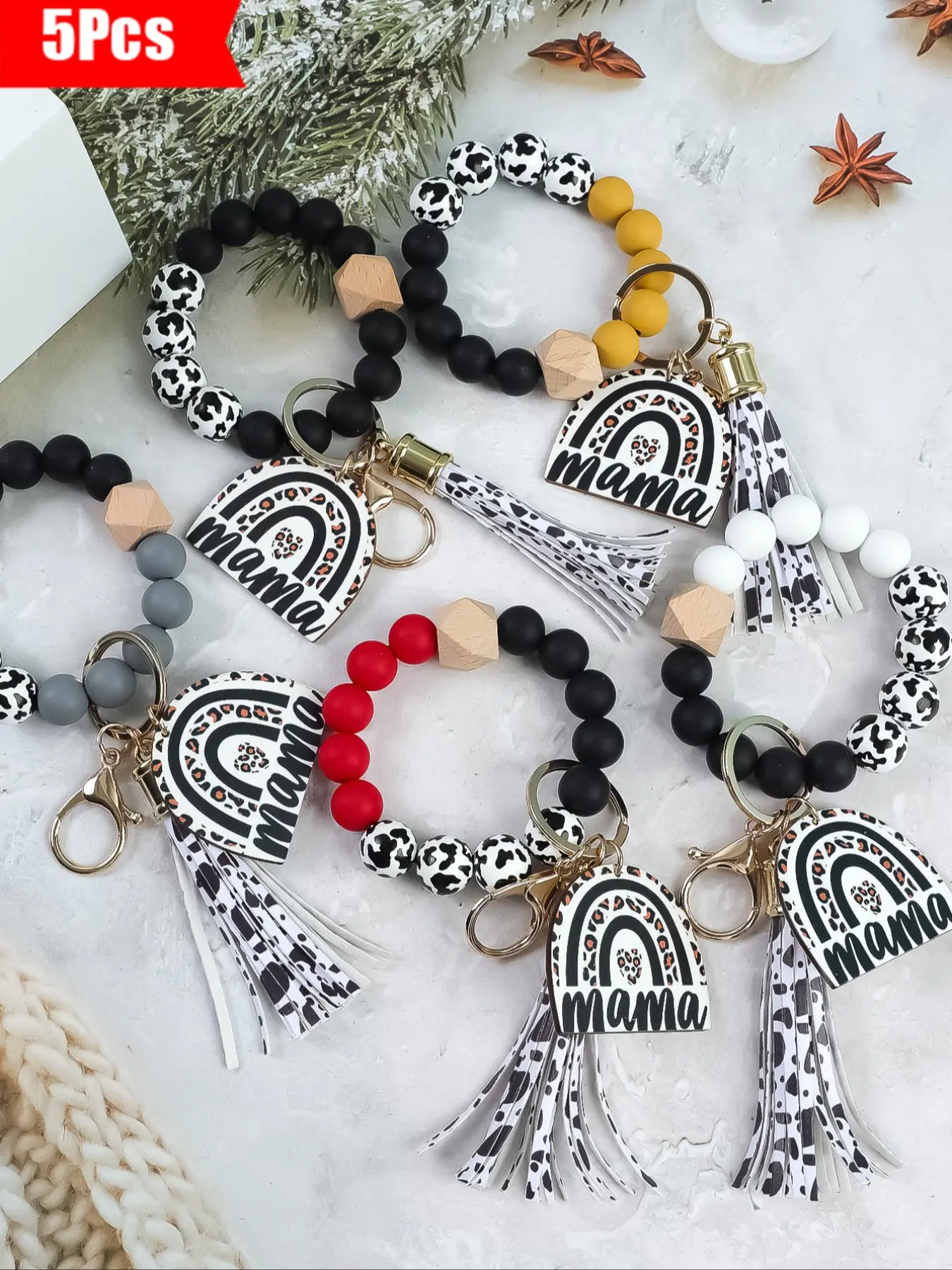 5-Piece Mama Theme Beaded Wrist Keychain Set, Rainbow Leopard Print Tags with Leopard Fringe, Perfect Mother's Day Gift, Handmade Keychain, Keyrings for Keys