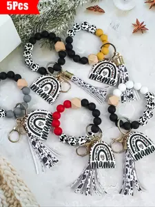5-Piece Mama Theme Beaded Wrist Keychain Set, Rainbow Leopard Print Tags with Leopard Fringe, Perfect Mother's Day Gift