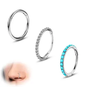 Oufer 3PCS Bundle 20G 316L Stainless Steel Hinged Nose Hoop Rings for Women - Classic Silver, Clear CZ, Turquoise Vintage Non-Tarnish Jewelry