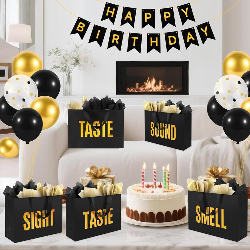 5 Senses Gift Bags For Him With Labels Tissue Paper And Handles, Comes With Birthday Decoration Rose Petals And Happy Birthday Banner Balloons(Black Gold, 12.6 x 8.7 x 4 inch)