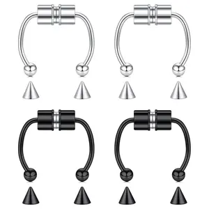 16G Silver Black Color Mixed Set Fake Nose Ring 4counts/set Faux Piercing Jewelry 8mm Fake Nose Ring Hoop for Faux Lip Septum Nose Rings