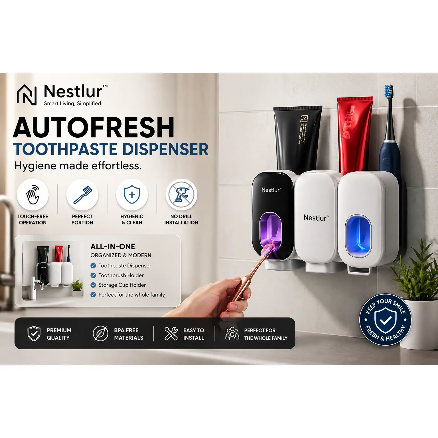 Nestlur™ AutoFresh Toothpaste Dispenser Brush Magnetic