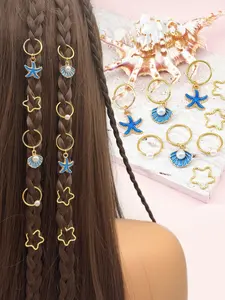 Boho Style Seashell Design & Baroque Pearl Dreadlock Friendly Hair Ring Set, Set of Ten Festive Beach Accessory for Braids