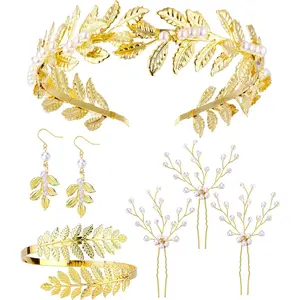 FINREZIO 7 Pcs Golden Elegant Greek Goddess Costume Accessories for Women Wedding Toga Costume Jewelry Set Brilliant Bridal Laurel Leaf Crown Coil Arm Bracelets Golden Leaves Hair Comb Grecian Pearl Earrings Hairpins