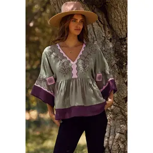 Color Block Oversized Peasant Blouse Grey