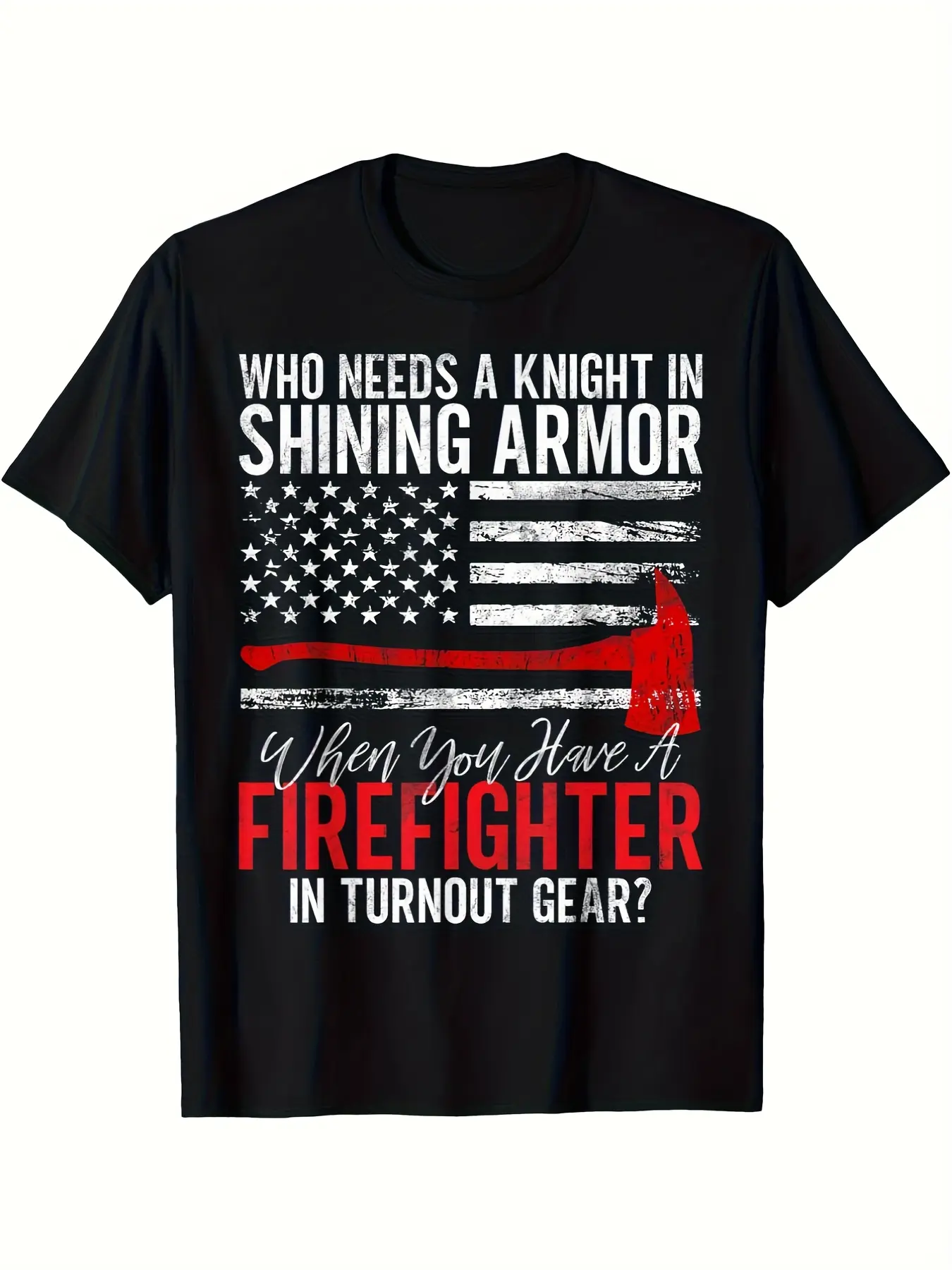 Men's Fireman's Clothing-Funny "Fireman's Husband Patrol Equipment" Printed T-shirt-Black Turtleneck Shirt with American Flag Axe Pattern-Gift for Fireman's Wife and Companion-Labor Day Four Seasons Casual Top-Glossy Fab