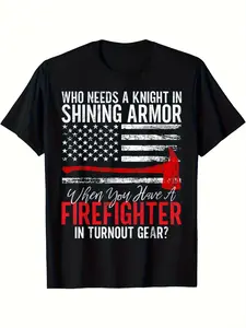 Men's Fireman's Clothing-Funny "Fireman's Husband Patrol Equipment" Printed T-shirt-Black Turtleneck Shirt with American Flag Axe Pattern-Gift for Fireman's Wife and Companion-Labor Day Four Seasons Casual Top-Glossy Fab