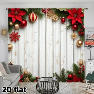 2D Flat 2Pcs Christmas Poinsettia Curtains, Holiday Decorative Window Drapes, Red Gold Ornaments Pine Branches Design, White Wood Background, Pole Pocket Style, Semi Sheer Polyester Fabric, Winter Festive Home Decor for Living Room Bedroom Kitchen