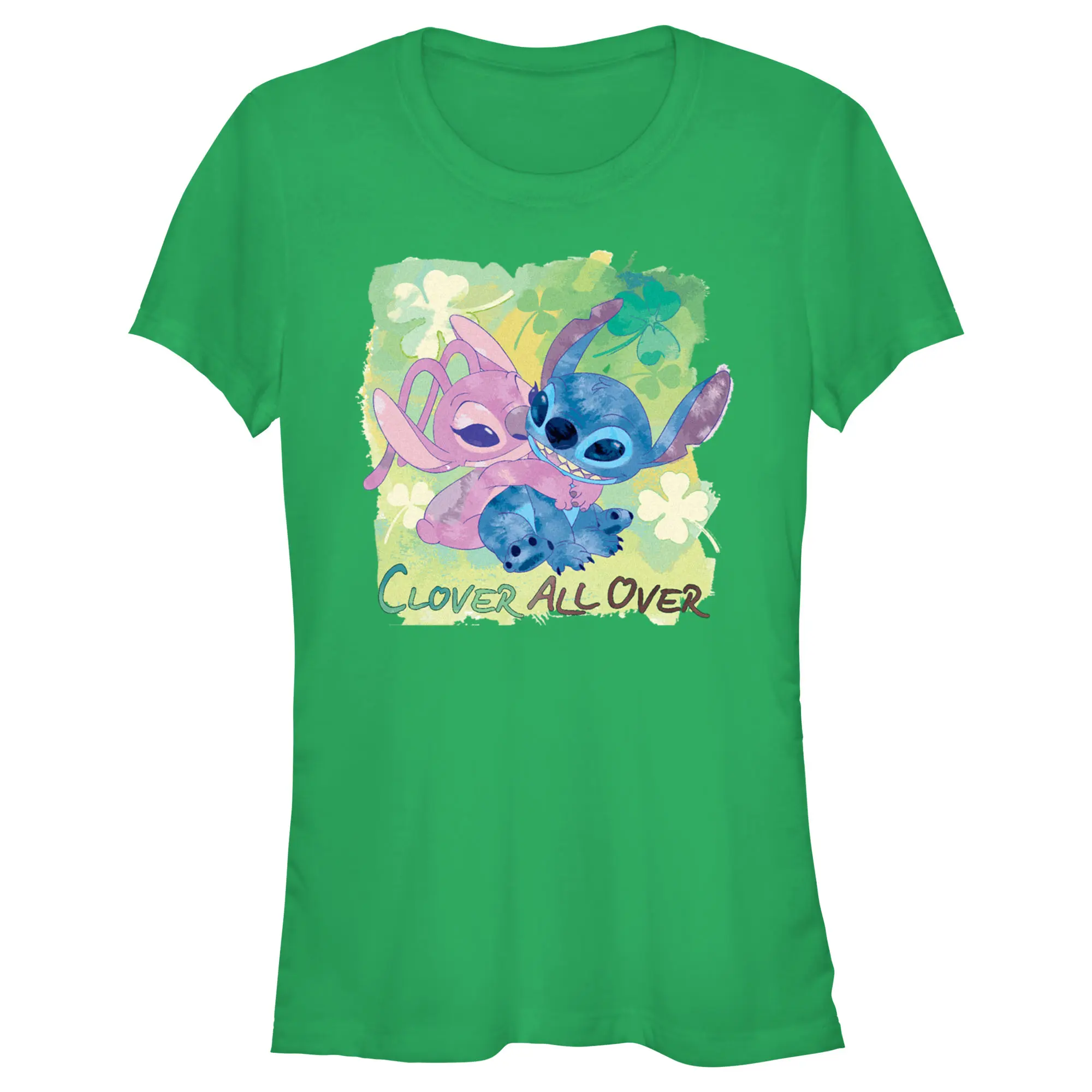 Junior's Women Lilo & Stitch Clover All Over T-Shirt