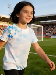 girl child jersey Hexagonal Pattern With Blue Accents And Lines Breathable, light, and comfortable short-sleeve T-shirt Holiday clothing Polyester Cute Parent-child outfits Essential for outdoor activities Comfortable training sport summer quick-dry