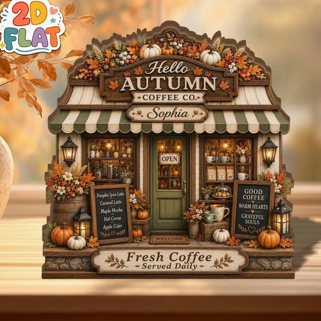 Personalized Autumn Coffee Shop Wooden Block, Custom Fall Cafe Decor, Rustic Farmhouse Sign