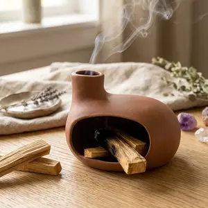 Terracotta Palo Santo Holder - Modern Chiminea Incense Burner for Yoga, Meditation, and Energy Cleansing - Wood Sticks Dish, Sage Ash Catcher, Smudge Bowl, Cone Burner - Unique Meditation Gift