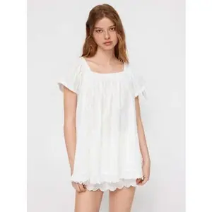 100% Recycled Cotton Square Neck Solid Ruffle Knotted Short Sleeve Blouse