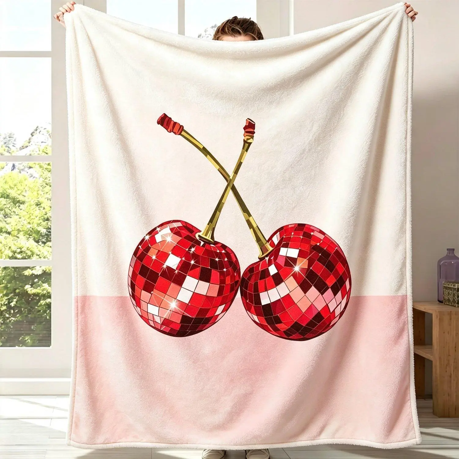 Disco Ball Cherry Design Soft Lightweight Warm Throw Blanket Fashion Home Casual Daily Use Gift for Trend Lovers Cozy Decorative Bedding