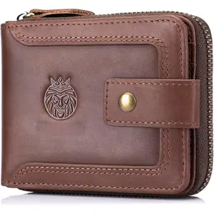 Zipper Wallet for Men RFID Blocking Large Capacity  Wallet with  Pocket ID Window, Coffee