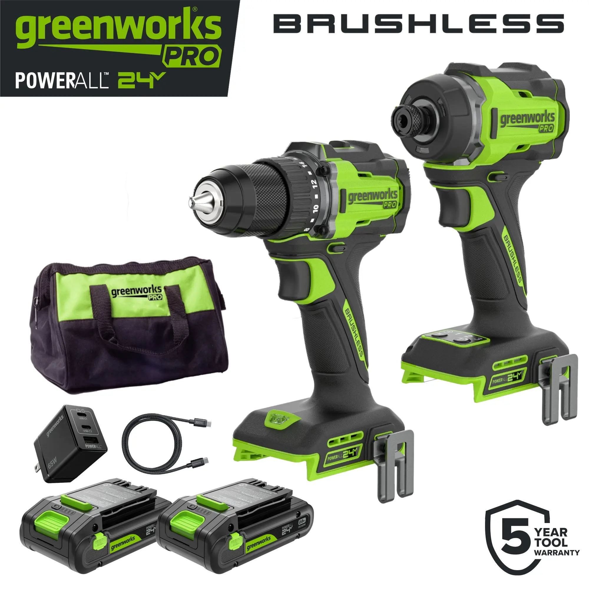 24V PowerAll Pro 530 in-lb Drill Driver and 2,200 in-lb Impact Driver Combo Kit, with (2) 2.0 Ah Batteries, 65W Charger, 3' Cable, Belt Clips, and Carrying Bag