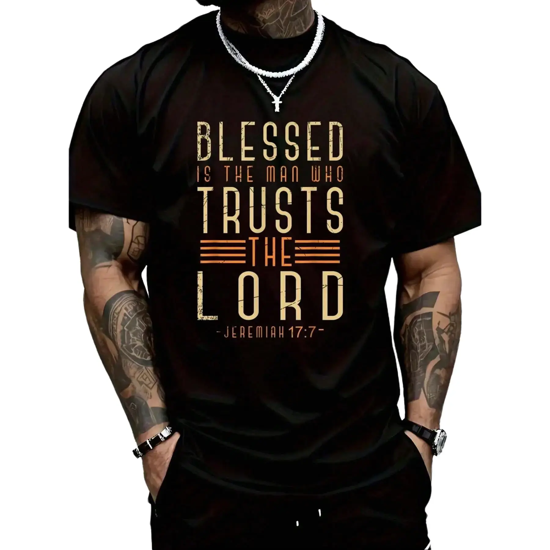 Men's Graphic T-Shirt, Casual 100% Pure Cotton Tee with Faith-Based Slogan Print, Short Sleeve Round Neck Fit Top