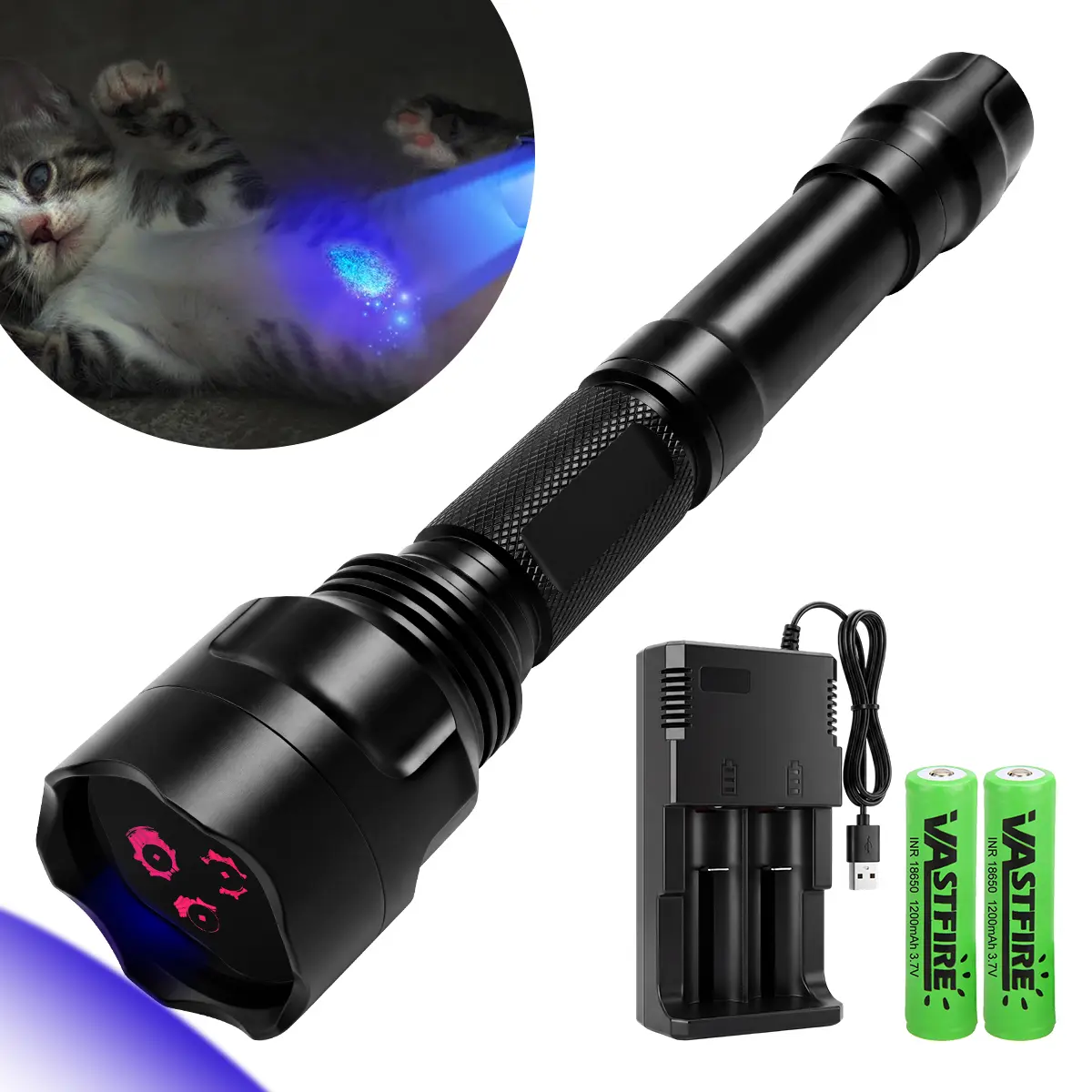 High Power C8 365nm UV Flashlight with Black Mirror, USB Rechargeable, for Pet Urine Detection, Resin Curing, Minerals, Blood Tracking, Scorpion Hunting, Rockhounding