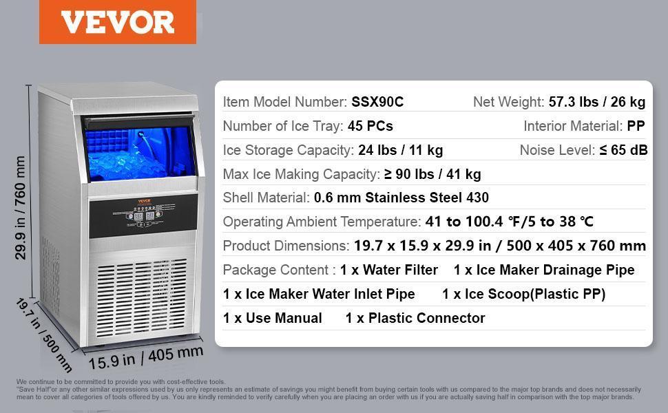 【Summervibes】VEVOR 110V Commercial Ice Maker Machine 120-130LBS/24H with 33LBS Bin,  Stainless Steel Automatic Operation Under Counter Ice Machine for Home Bar, Include Water Filter, Scoop VEVOR Super Brand Day
