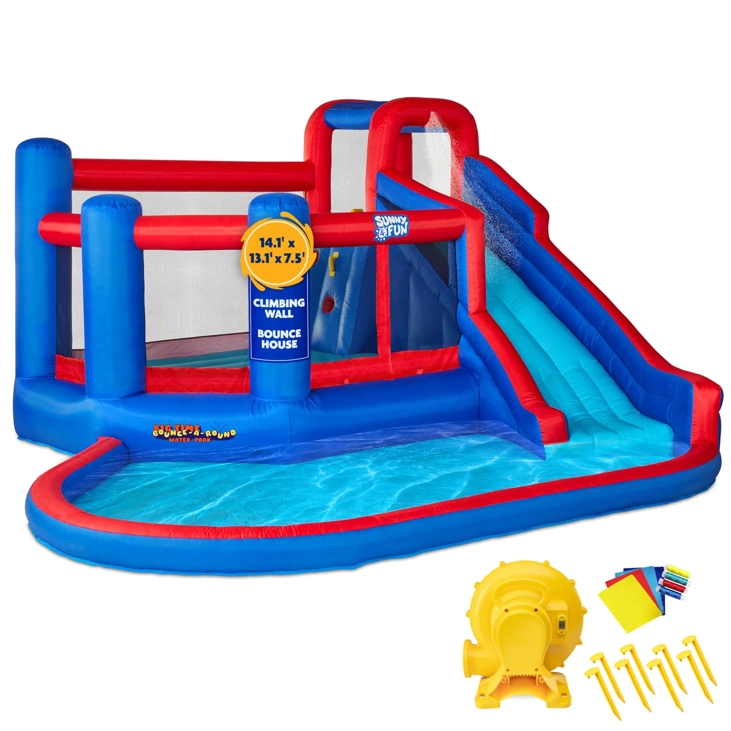 Sunny & Fun Big Time Bounce-A-Round Inflatable Water Slide Park – Heavy-Duty for Outdoor Fun - Climbing Wall, Slide & Splash Pool – Easy to Set Up & Inflate with Included Air Pump & Carrying Case