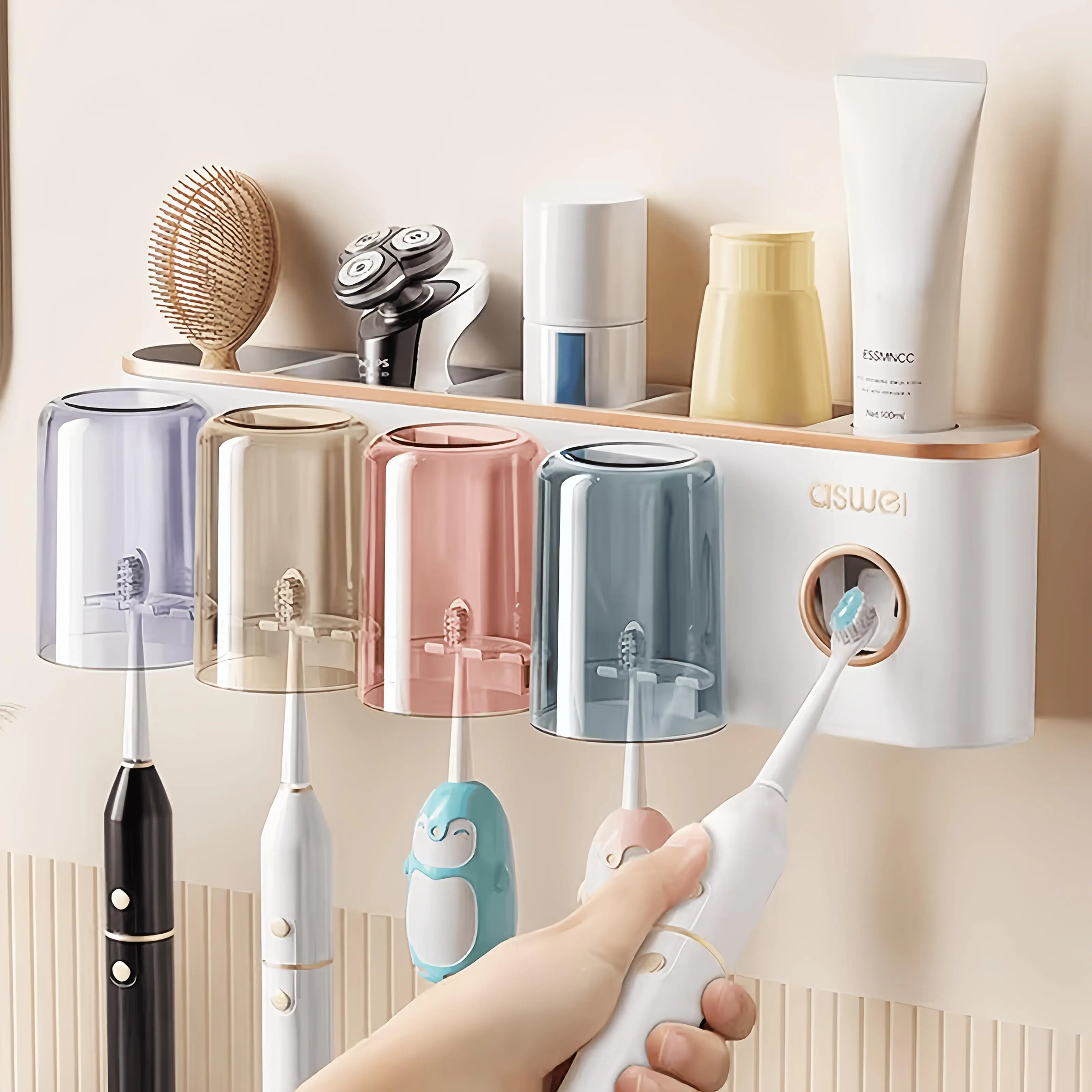 Durable No-Drill Suction Wall-Mounted Toothbrush Holder with Auto Dispensing Toothpaste Dispenser, Drainage, Multi-Functional Multi-Compartment Cosmetic Storage Rack for Electric Toothbrush & Bathroom Accessories (Bathroom Use), Multiple Compartments