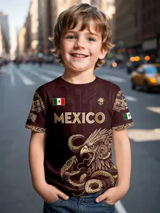 Eagle and Snake Totem Print Kids T-Shirt, Mexican Theme Casual Short Sleeve, Slim-Fitting Graphic Tee for Children