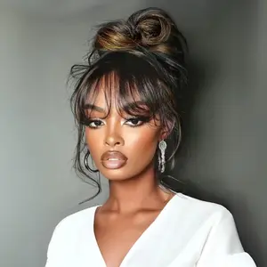 Sunber Natural Black Loose Wave 13x4 Pre-Everything Lace Frontal Wigs with Bangs Curly Wigs Human Hair Glueless Wigs Pre Plucked Pre Cut Lace Bleached Knots Ready To Wear summerwins