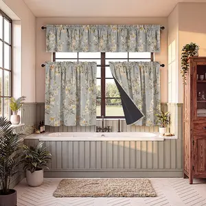 3-Piece Kitchen Curtain Set, Fog Blue Warm Floral, 100% Blackout, Privacy Protection, Washable, Soft Polyester, Easy Install, All Seasons