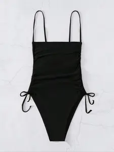 Women's Solid Ruched Drawstring Side One-piece Swimsuit, Casual Comfortable Sleeveless Swimwear for Beach Holiday Vacation, Ladies Swimsuit for All Seasons, Drawstring Swimsuits