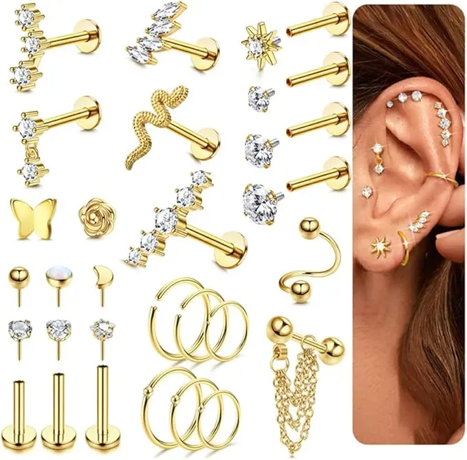 25Pcs 16G Cartilage Earrings for Women Hypoallergenic Stainless Steel Hoop Stud Helix Labret Nose Conch Daith Tragus Piercing Jewelry, Body Piercing Jewelry, Piercing Earrings Studs